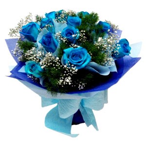 12 rose blu con nebbiolina e confezione fiocco azzurra