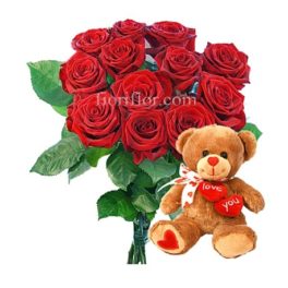 mazzo di rose rosse da 12 con peluches