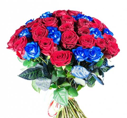 Bouquet Con 12 Rose Blu E 23 Rose Rosse Confezionato