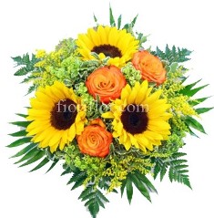 Raggi Di Sole - Bouquet con girasoli e rose arancio