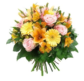 Bouquet lilium arancio, gerbere gialle, rose rosa e astromerie arancio 