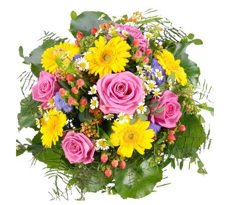 Bouquet con gerbere gialle, rose rosa e fiorellini