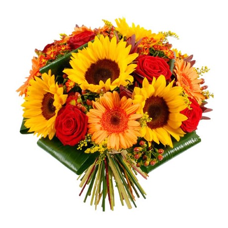 Bouquet Dai Toni Caldi Del Rosso Arancio E Giallo Con Girasoli Rose Rosse Gerbere Arancio E Foglie Di Aspidistra