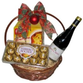 Cesto Natale con panettone,ferrero rocher e bottiglia di spumante