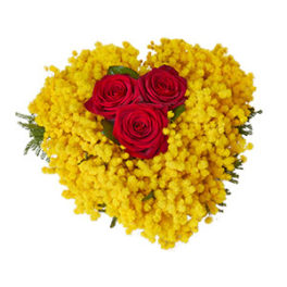 Composizione a forma di Cuore con Mimosa e 3 Rose Rosse