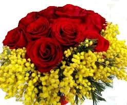 Bouquet con 9 rose rosse e mimosa