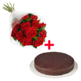 12 rose rosse con torta al cioccolato