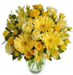 Bouquet giallo con gerbere, rose, astromerie