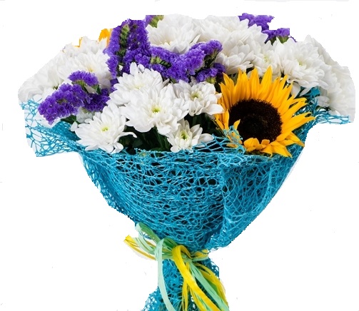 bouquet con girasoli e fiori di stagione bianchi e blu