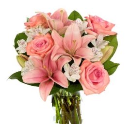 Bouquet con roselline e lilium rosa, astromerie bianche