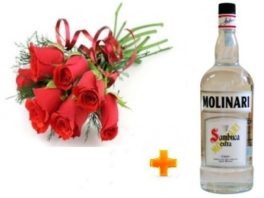 Mazzo di rose rosse con liquore molinari