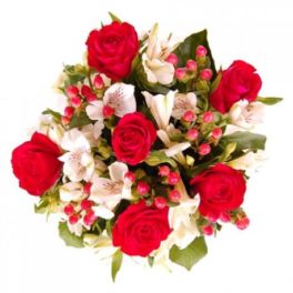 Mazzo di rose rosse e astromerie bianche