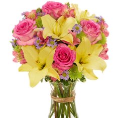 Bouquet con rose rosa e lilium gialli