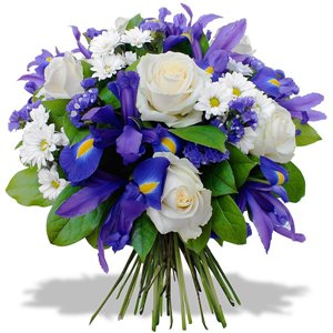 Bouquet iris blu, rose bianche e fiori bianchi di stagione