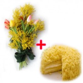 Un bouquet con tulipani colorati e mimosa + una torta mimosa