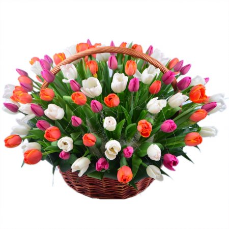 Cesto in vimini con tulipani di colori misti