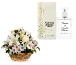 cesto fiori bianchi con profumo al muschio bianco