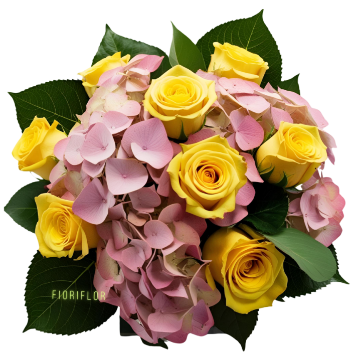 bouquet con rose gialle e ortensa rosa